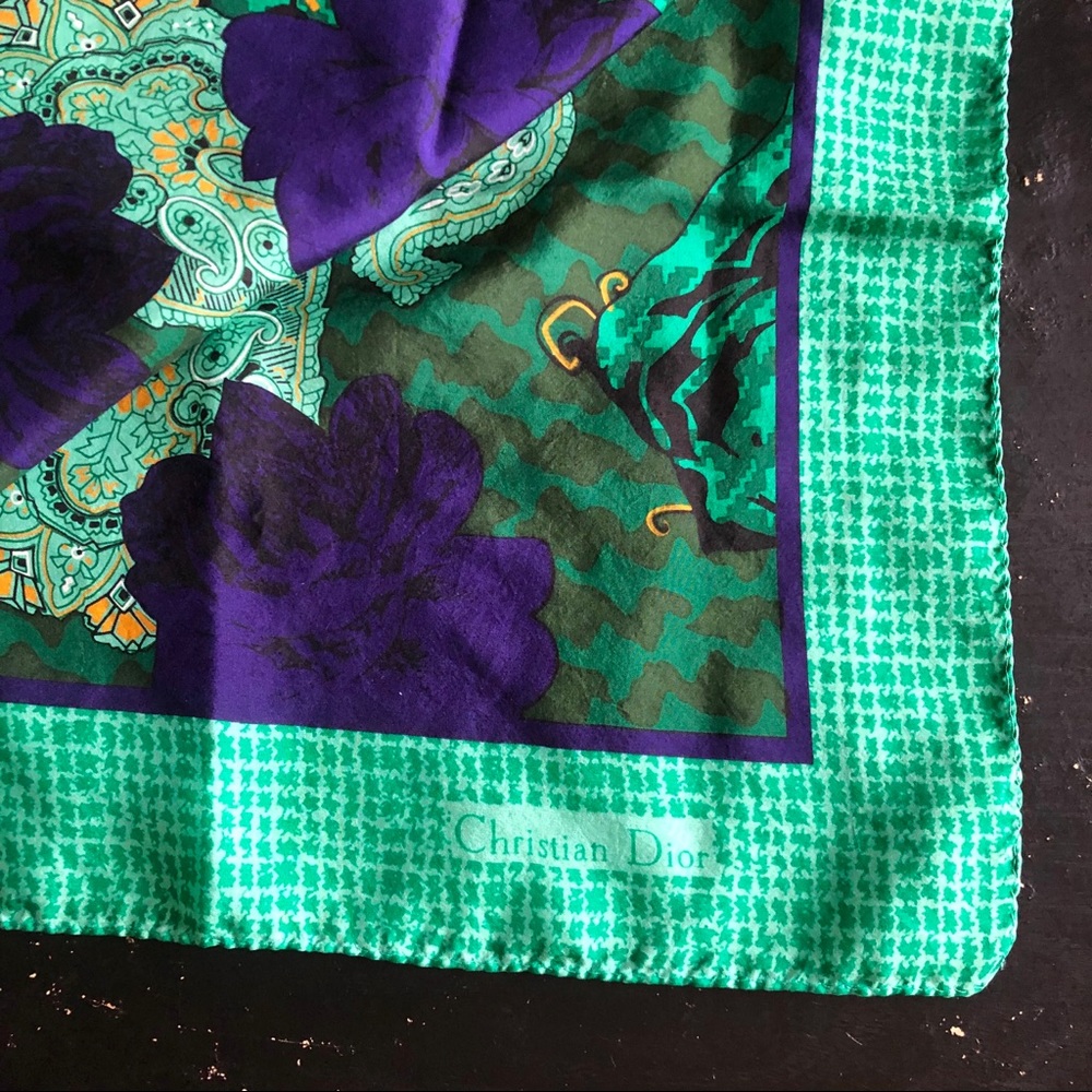Christian Dior "Autumn Green Hues Violet Floral & Palsey" Silk Scarf - Picture 5 of 7